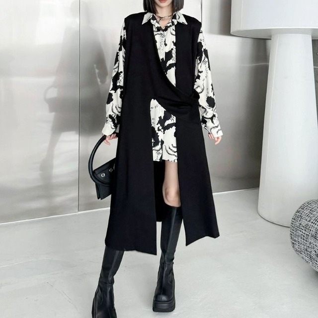 BLACK ASYMMETRIC LONGLINE VEST JACKET 1color M-8944