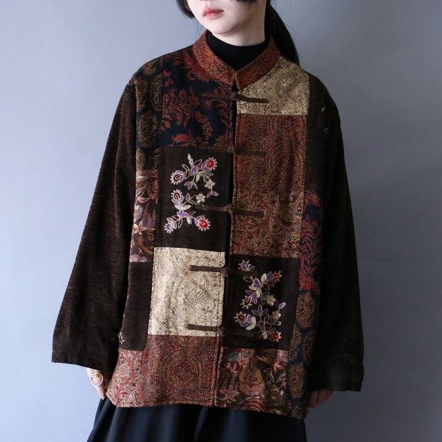 "刺繍×葉花" loose silhouette black fake suede shirt