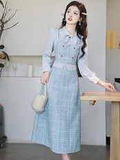 【0160】Blue Check Mid Length Long Sleeve Dress