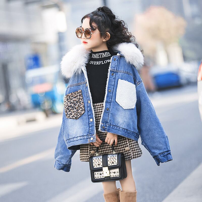 ガールズプラスフリースジャケットビッグファーカラー2019冬新作子供用厚手のデニムジャケットエインスタイルウォームトップ トレンディボーイ22501850658