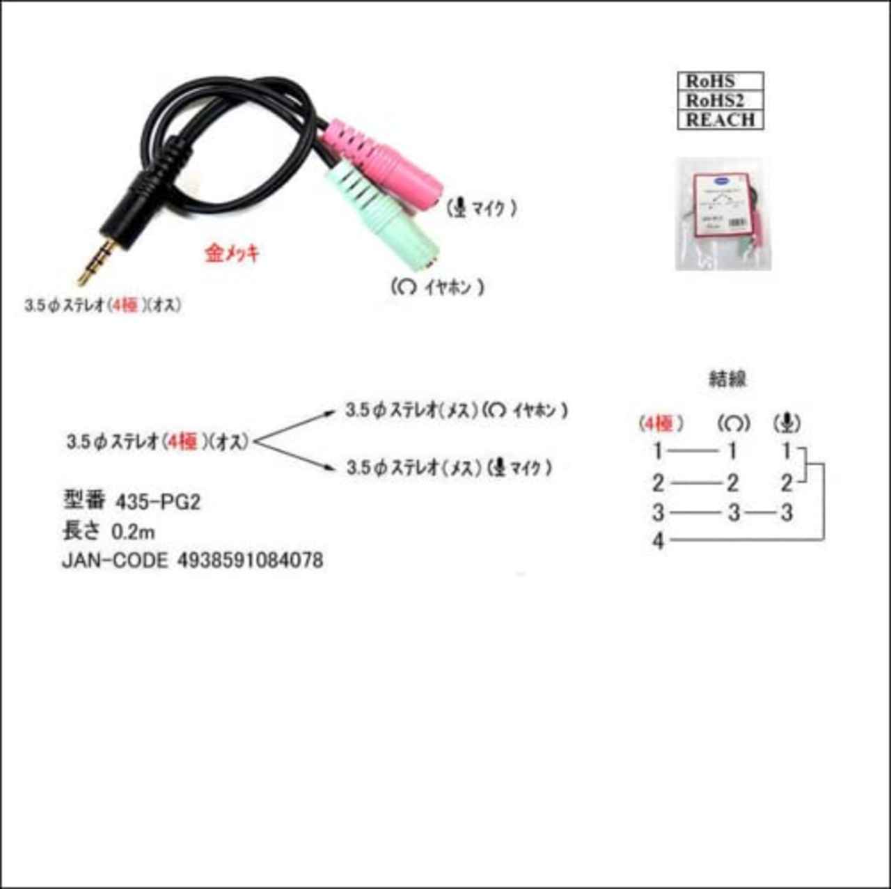 3.5mm4極 ヘッドホン・マイク分岐ケーブル：3.5mm4極(オス) - 3.5mmヘッドホン(メス)&3.5mmマイク(メス)【COMON製】