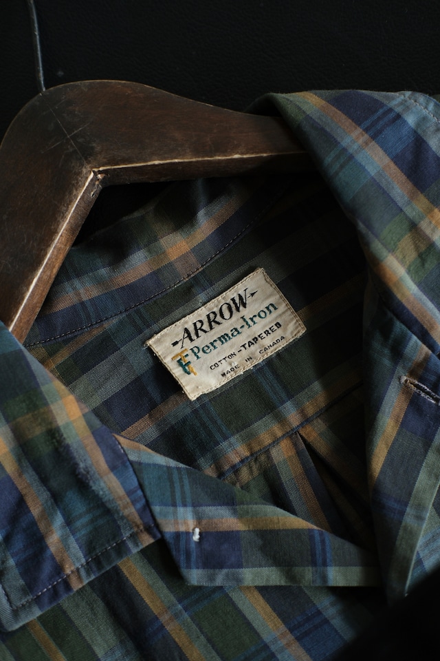 Utah/60-70's "ARROW"cotton check open collar shirt