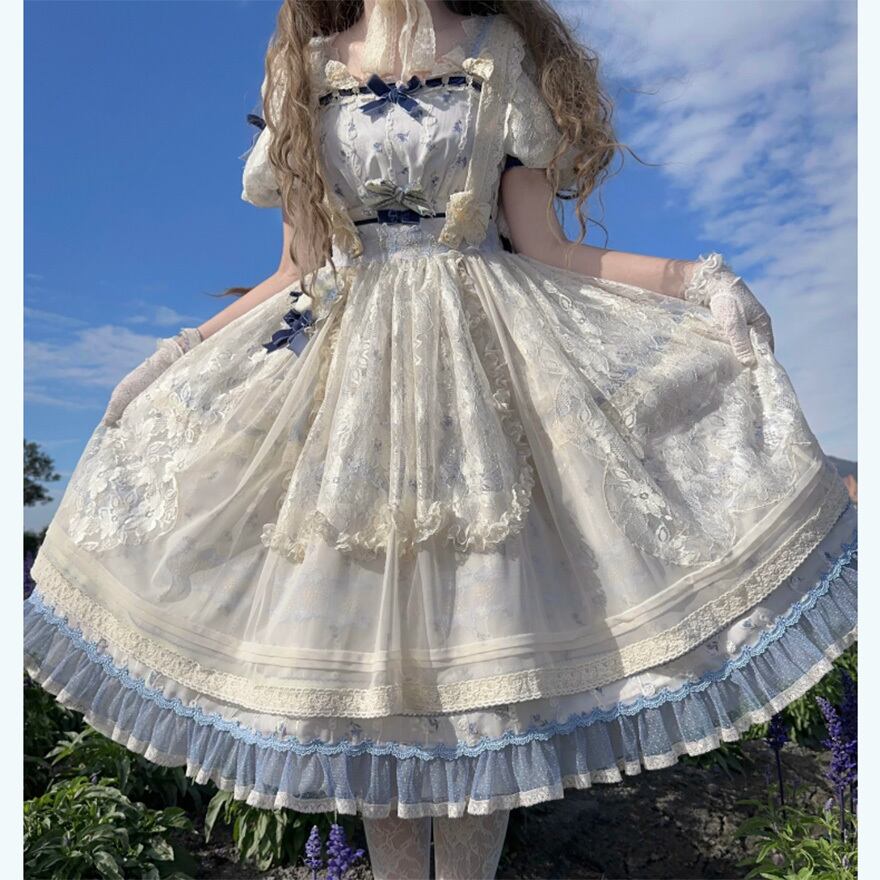 レーススカート ワンピース 重ね着 花柄 上品 クラロリ 原宿スタイル