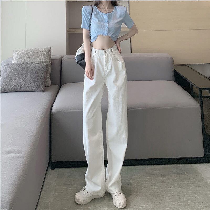 【新作】【送料無料】 女性のためのウエストボタンジーンズ 2021 新しい夏の韓国スタイルのハイウエストスリムストレートワイドレッグフロアレングスロングパンツトレンディ 034787885290