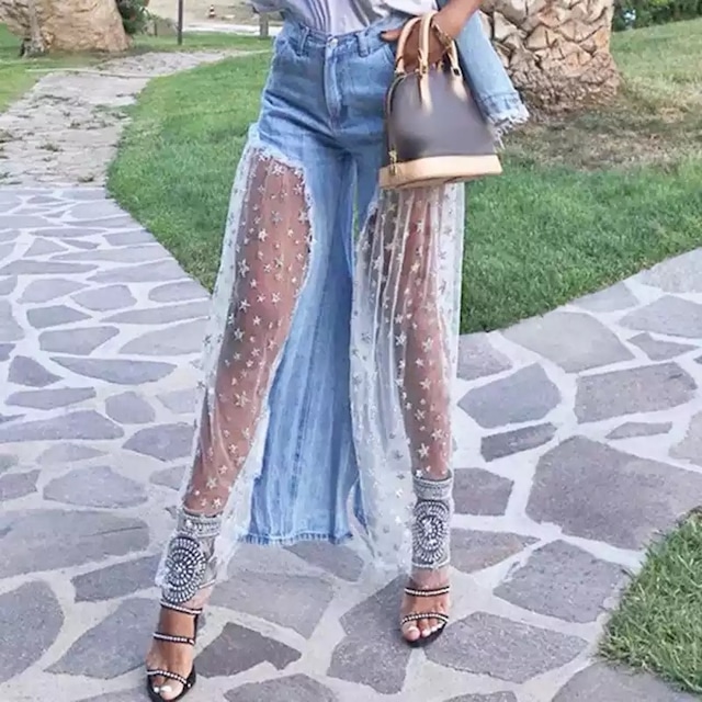 デニム 異素材 ミックス 海外ファッション シースルー チュール 個性的 個性派 送料無料 Queen Of Liberty