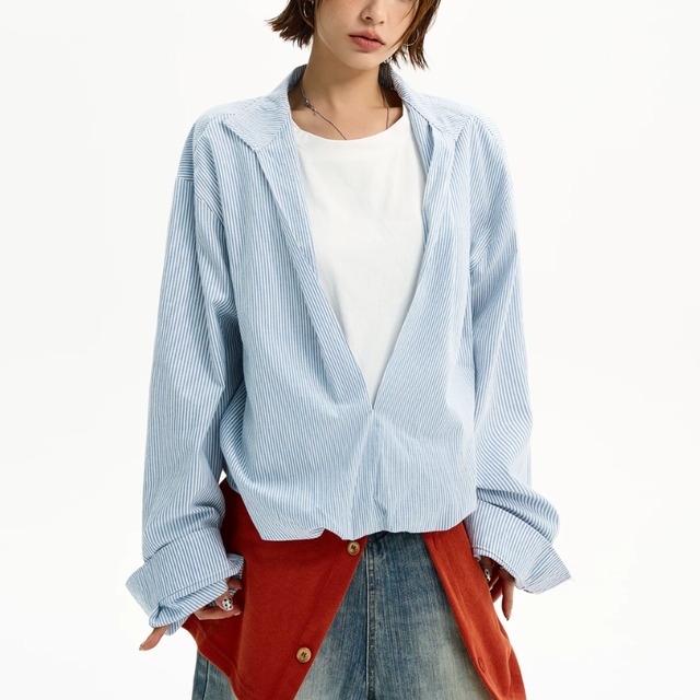striped deep-V layered shirt　ストライプディープVレイヤードシャツ　J2163