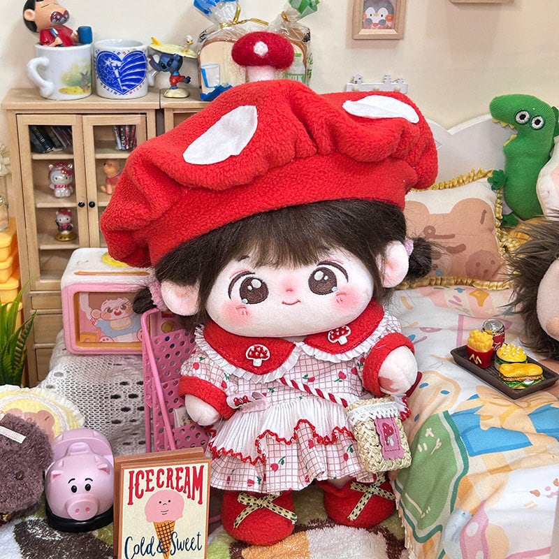 20cmぬいぐるみ用 カントリー風 花柄チェックワンピース+帽子+バッグ+
