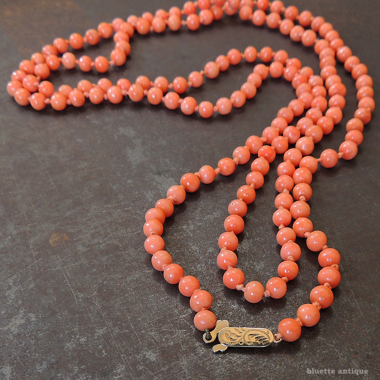 英国アンティークジュエリー 9ctゴールド コーラル ロングネックレス(ソーティングメモ付)