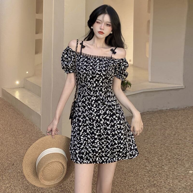 ショートスカート レースフローラルカラーウェストスリムドレス 花柄 スクウェア ステッチ ハンチェンe19120169724