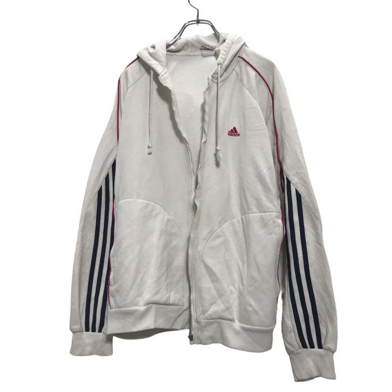 adidas ジップアップ ロゴ スウェット パーカー L ホワイト レッド 