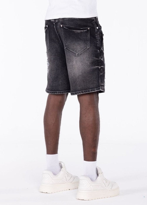 GUAPI / obsidian black faded cross denim shorts