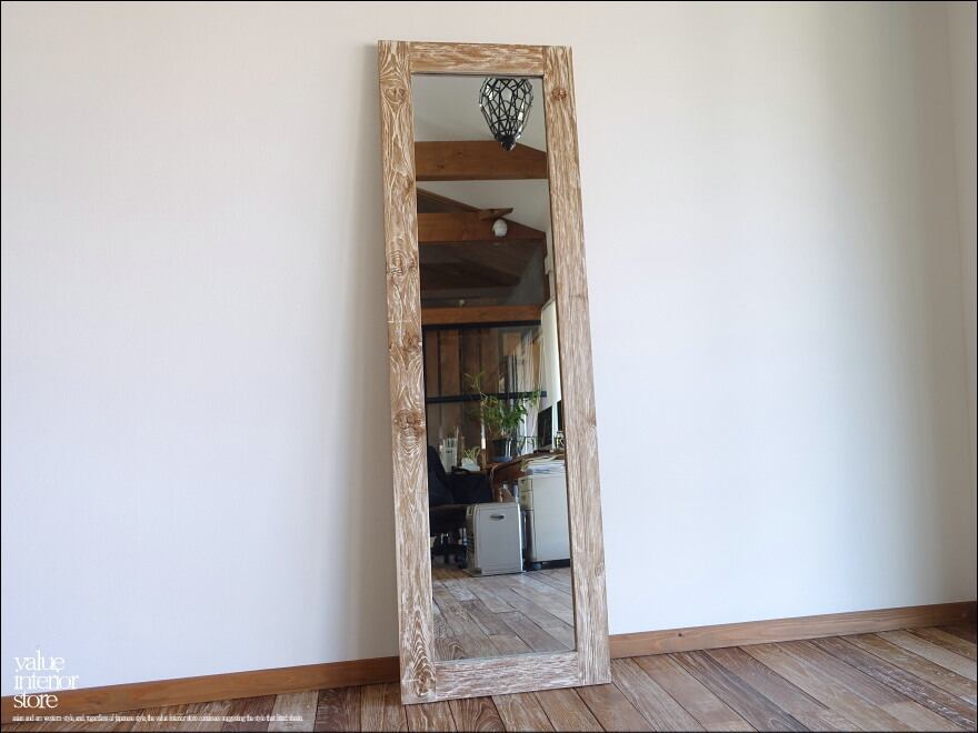 「 Sさま サイズオーダーミラー 」チーク無垢材 ミラーWW 姿見 鏡 全身鏡 壁掛け 大型 ナチュラルホワイト シャビー