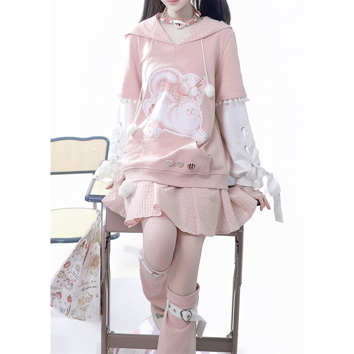 ピンクキャットレッグウォーマー付き双子セットアップ | Maiden's Rêve