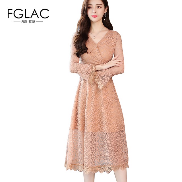FGLAC 新ファッション 2018 秋の女性のドレスエレガントなスリム長袖アウト中空レースドレス V ネックヴィンテージ vestidos