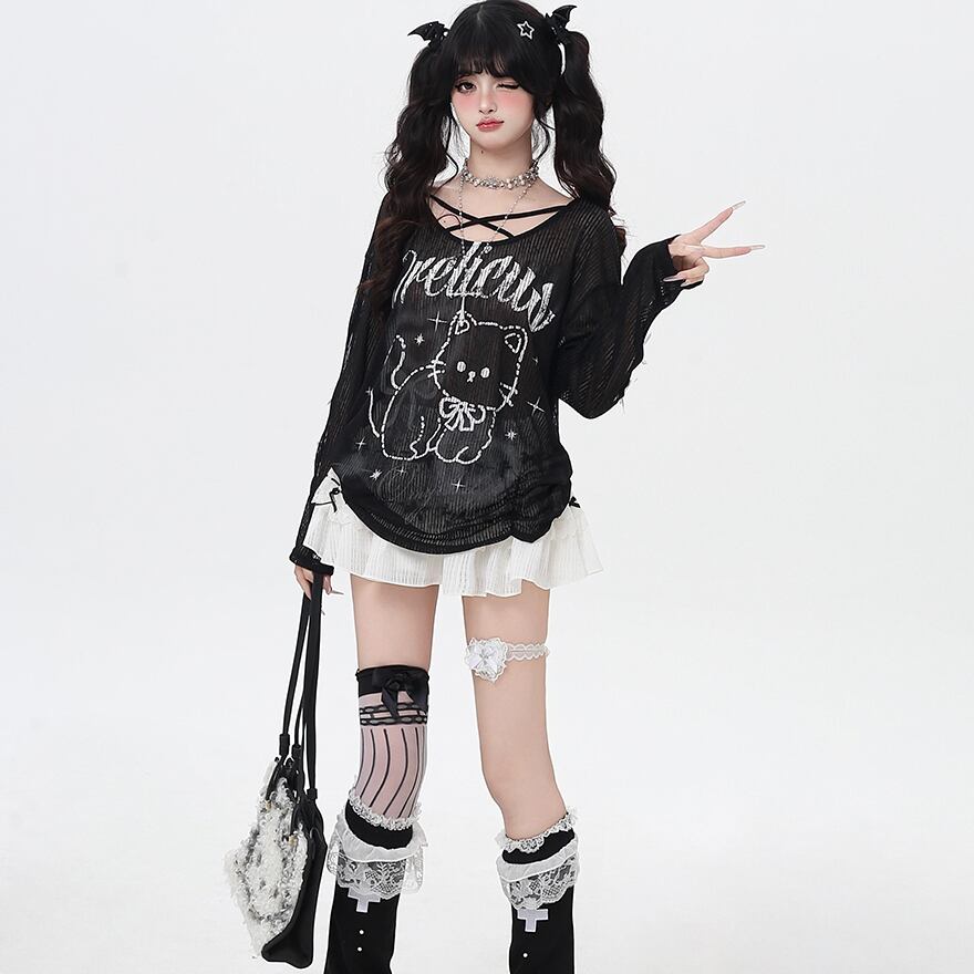 Tシャツ プリント柄 長袖 CRAZYGIRL ダークファッション 闇かわいい