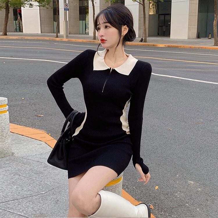【新作】【送料無料】 [オリジナル 300 グラム] POLO 襟ニットドレス 2022 秋冬新作ホットガールウエスト痩身ヒップスカート 02281109655