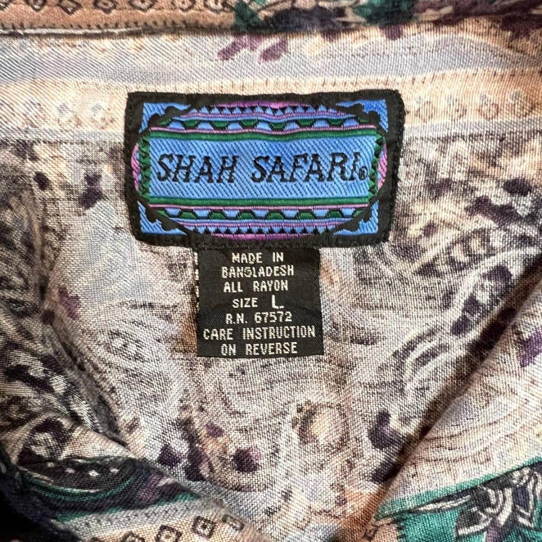 90s Shah Safari ボタニカル柄 半袖シャツ L レーヨンシャツ 柄シャツ 個性的 総柄シャツ アメカジ デザイン古着 グッドレギュラー  アロハシャツ