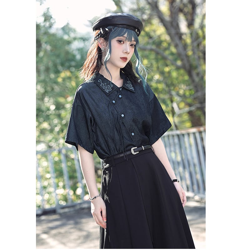 古怪舍---浮光鰭夢シリーズ】☆チャイナ風トップス☆ 刺繍入り シャツ 古怪舍---浮光鰭夢シリーズ】☆チャイナ風トップス☆ 刺繍入り シャツ