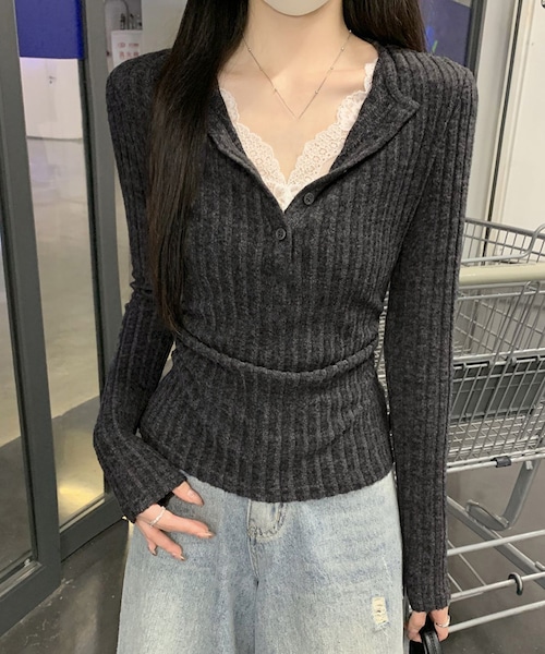 レース付リブニットトップス