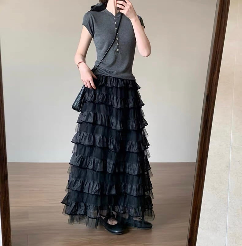 Tulle Tiered Ruffle Long Skirt 【M260081】 | Molabella