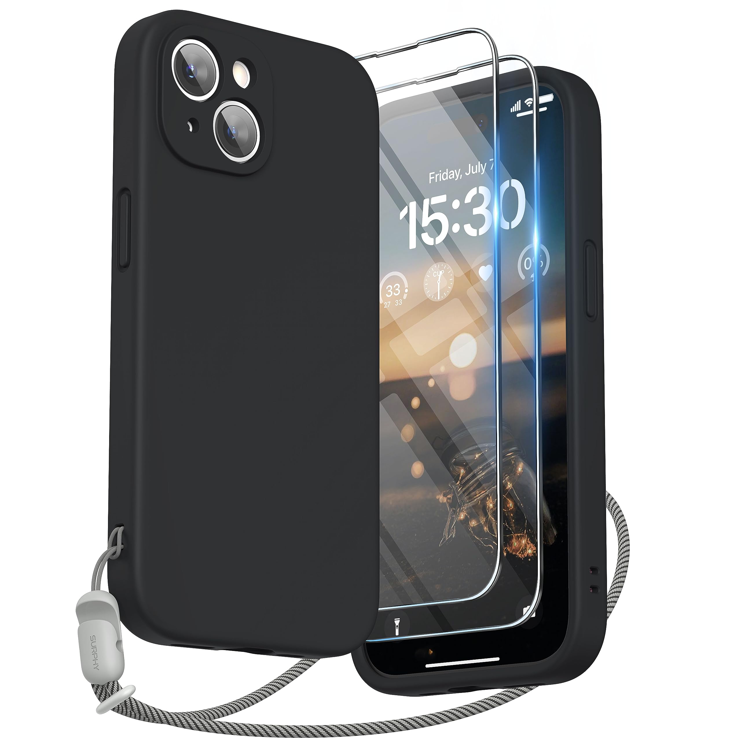 SURPHY iPhone15用ケース シリコン,フィルム付き ストラップ付き 6.1インチ対応(2023) 携帯ケース iPhone15(カメラの全面保護) 耐衝撃 超軽量 指紋防止 全面保護 iPhone15用ソフトカバー (ブラック)