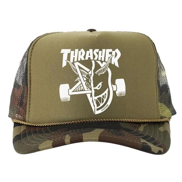 THRASHER MAGAZINE × SPITFIRE WHEELS / THRASH & BURN TRUCKER HAT / CAMO