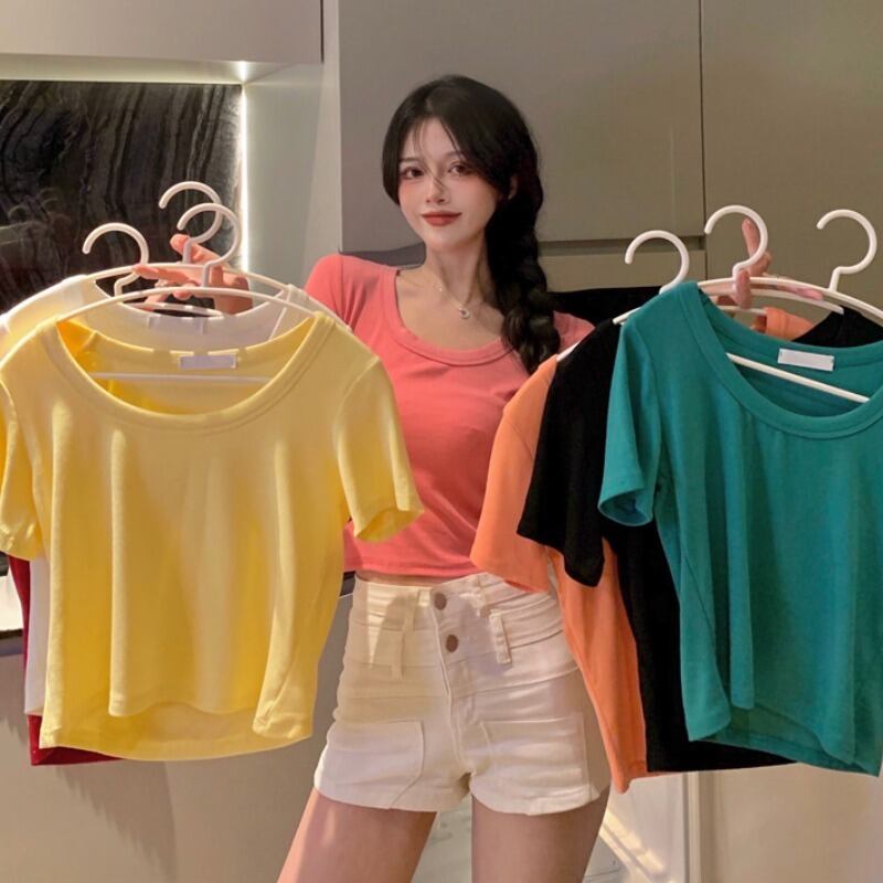 ブラウス サマーハイウェストウェストショートソリッド カラーレッドTシャツ 大人ガーリー スウィート キュート カジュアル 夏物 ソリッドカラー YY-ファッション21232754664