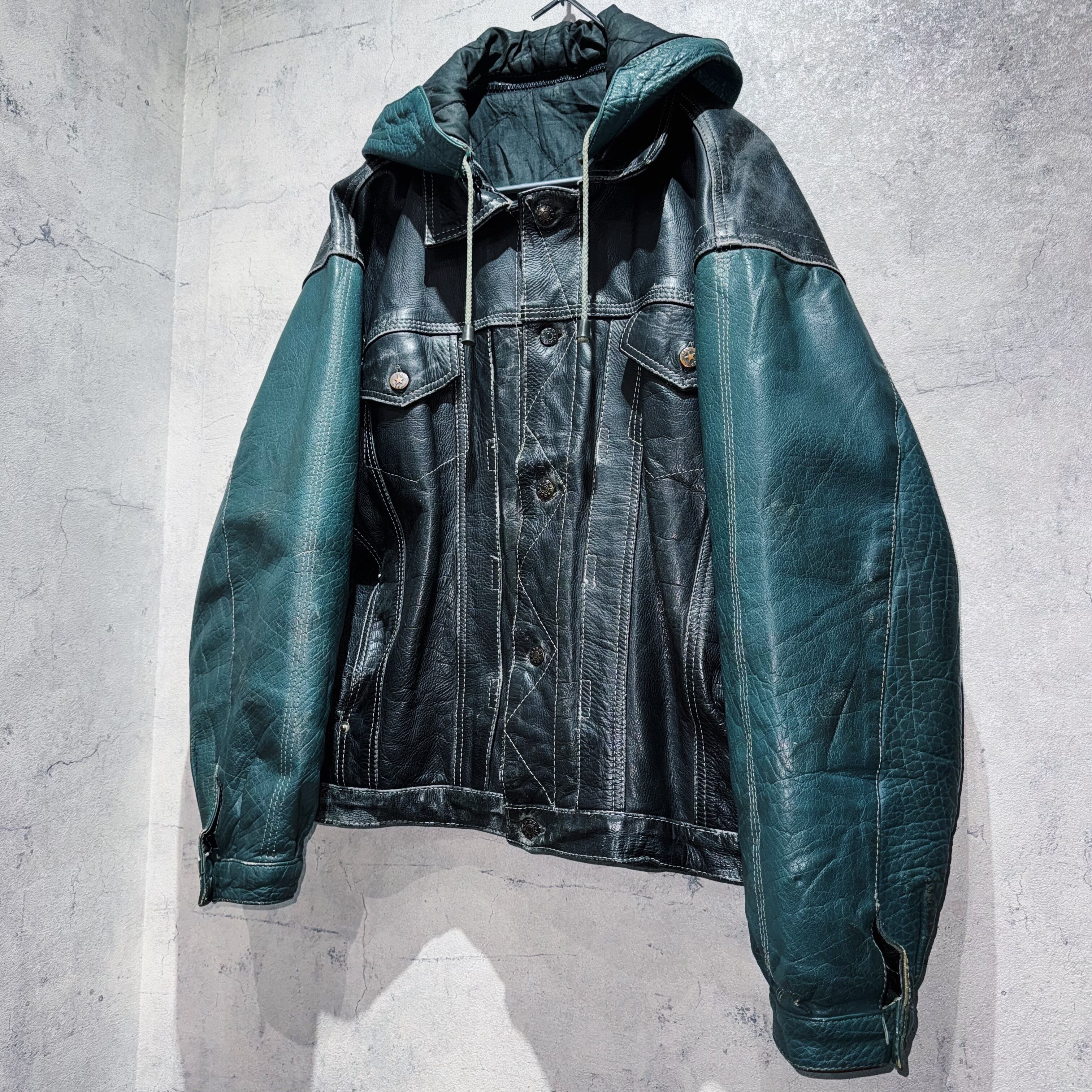 special 90's 2way cowhide switching color design hoodie leather