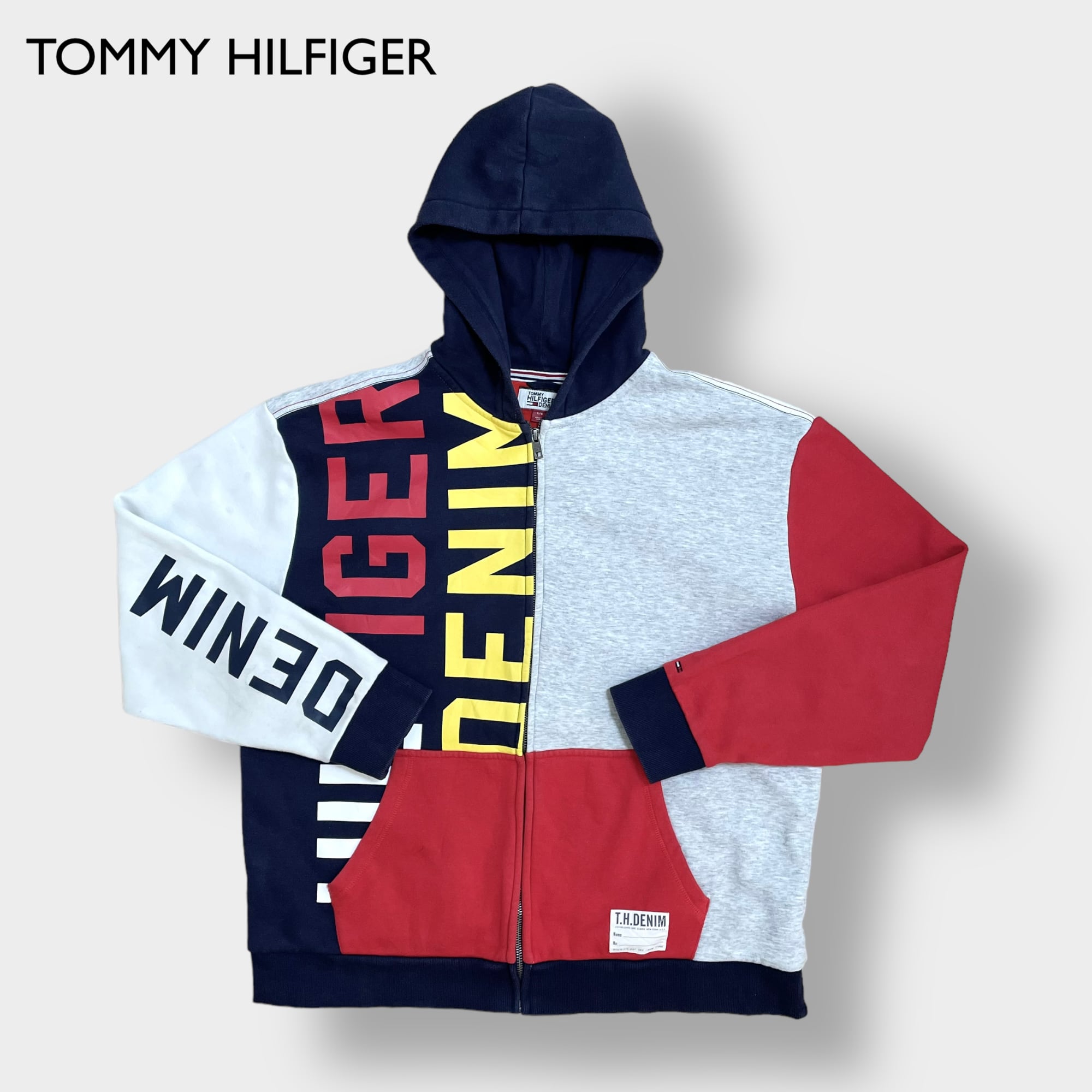 TOMMY HILFIGER DENIM ジップアップ パーカー クレイジーパターン フーディー スウェット プリント 袖ロゴ 切替 刺繍ロゴ L  マルチカラー トミーヒルフィガー US古着 | 古着屋手ぶらがbest powered by BASE