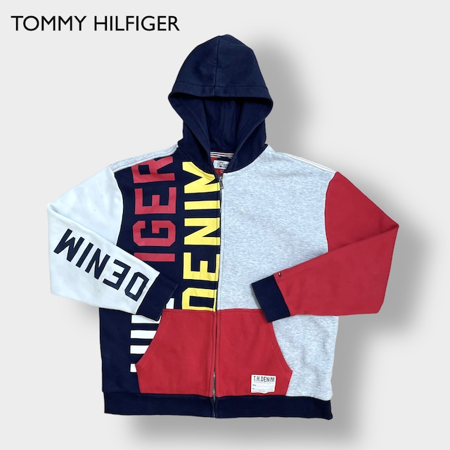 TOMMY HILFIGER DENIM ジップアップ パーカー クレイジーパターン フーディー スウェット プリント 袖ロゴ 切替 刺繍ロゴ L マルチカラー トミーヒルフィガー  US古着