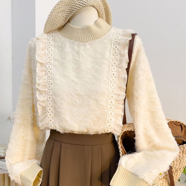 フレンチフリルハイネックニットトップス　L1079