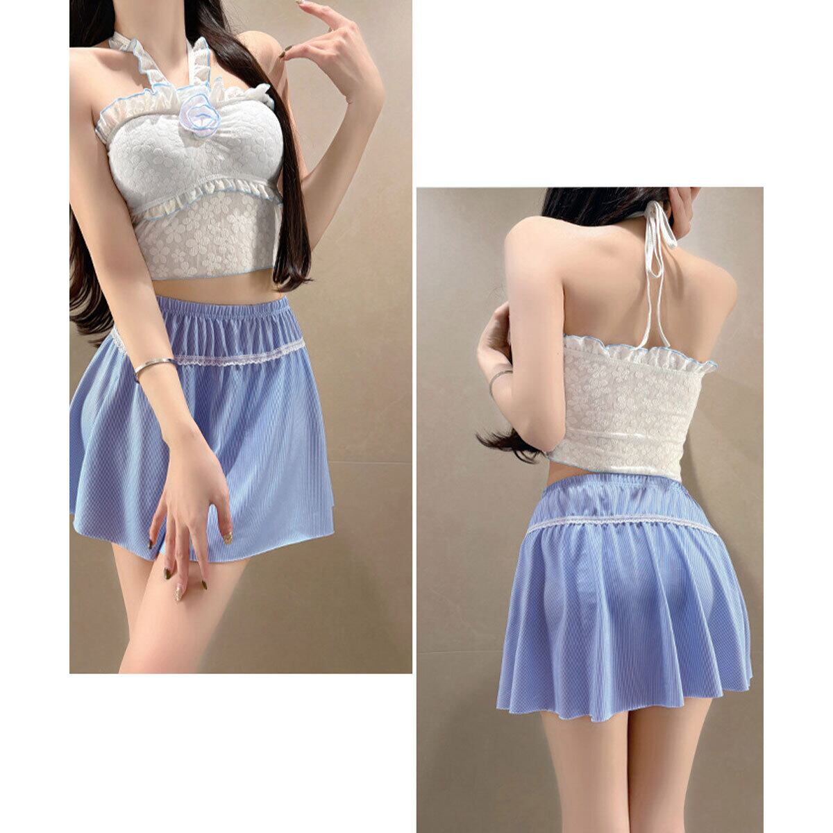 スカート付き 水着 ビキニ 3点セット レディース 夏 韓国 ホルターネック ビーチ 海水浴 プール レジャー 大人 かわいい きれいめ ビーチウェア 露出控えめ フラワー フリル フェミニン 大人可愛い 大人女子