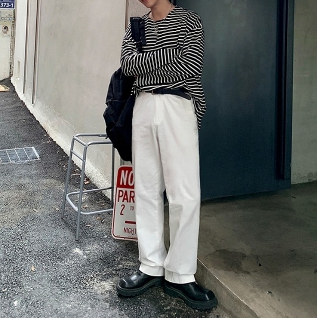 韓国メンズファッション E メンズ 長袖 Tシャツ ボーダー オーバーサイズ クルーネック ユニセックス Eaglerose イーグルローズ 韓国メンズファッション通販サイト