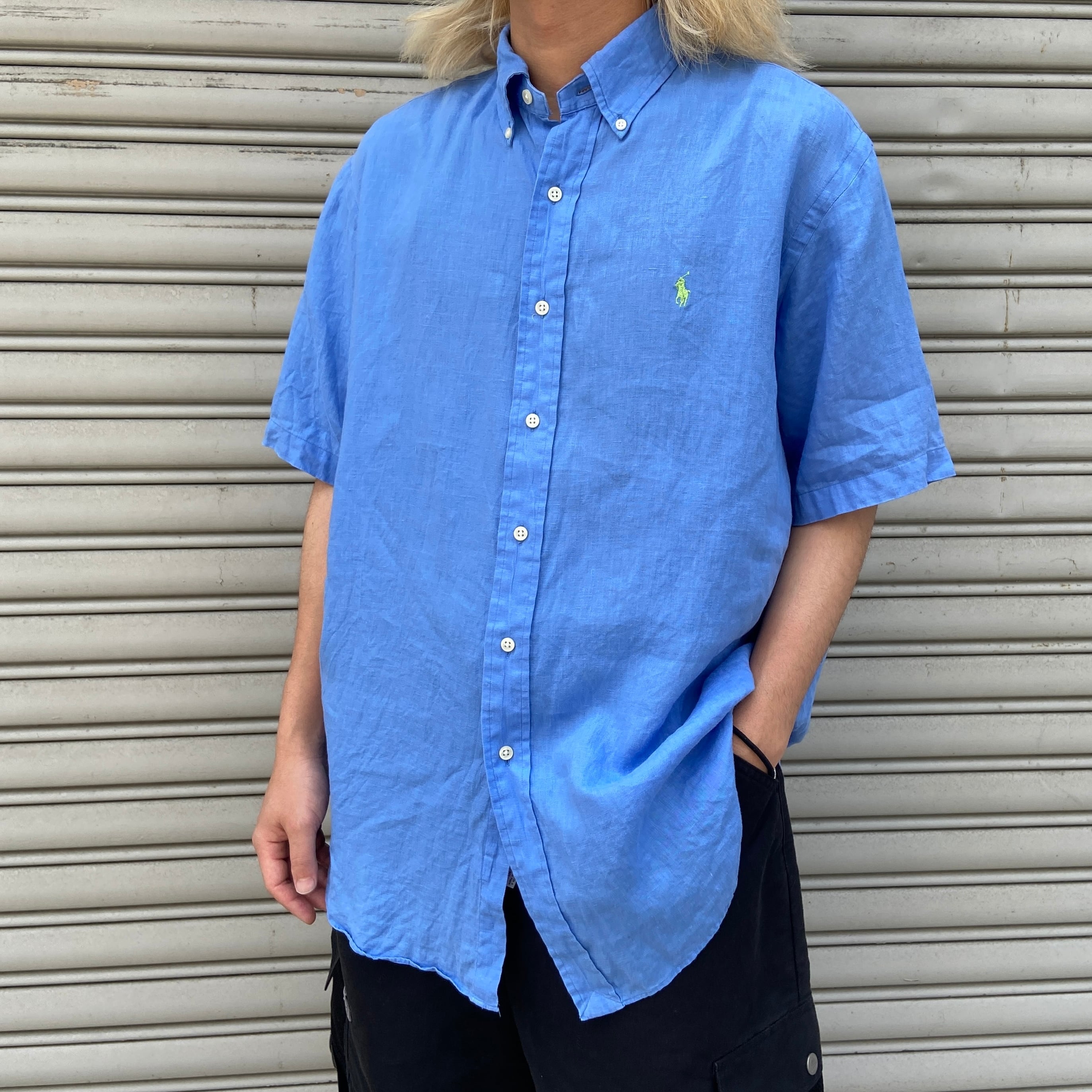 Ralph Lauren 半袖リネンシャツ クラシックフィット ブルー L | 古着屋 Uan