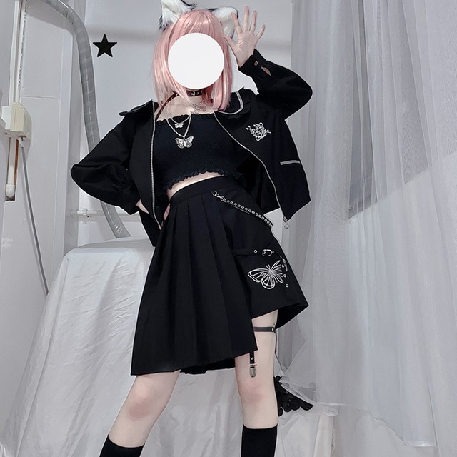 【現品限り】夜蝶の残像 バタフライ刺繍ゴシック系ジャケット＆プリーツスカート2点セット