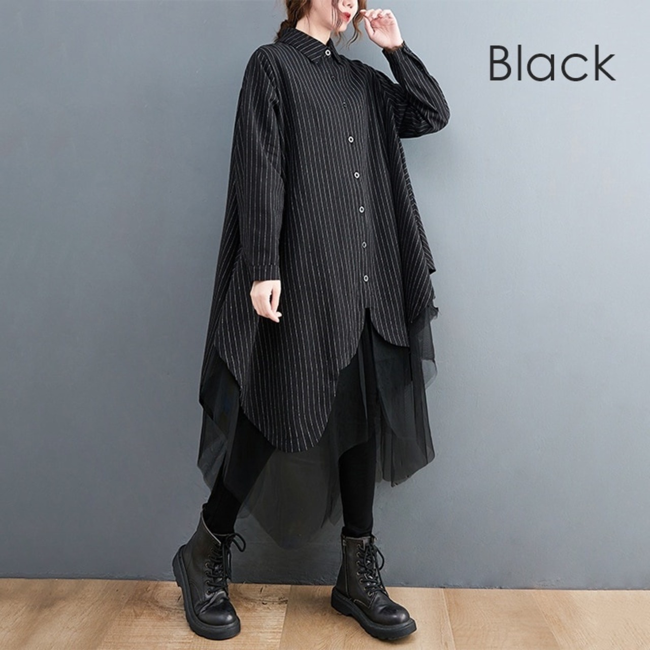 Striped Spliced Mesh Shirt Dress / ストライプ シャツ × メッシュ ワンピース