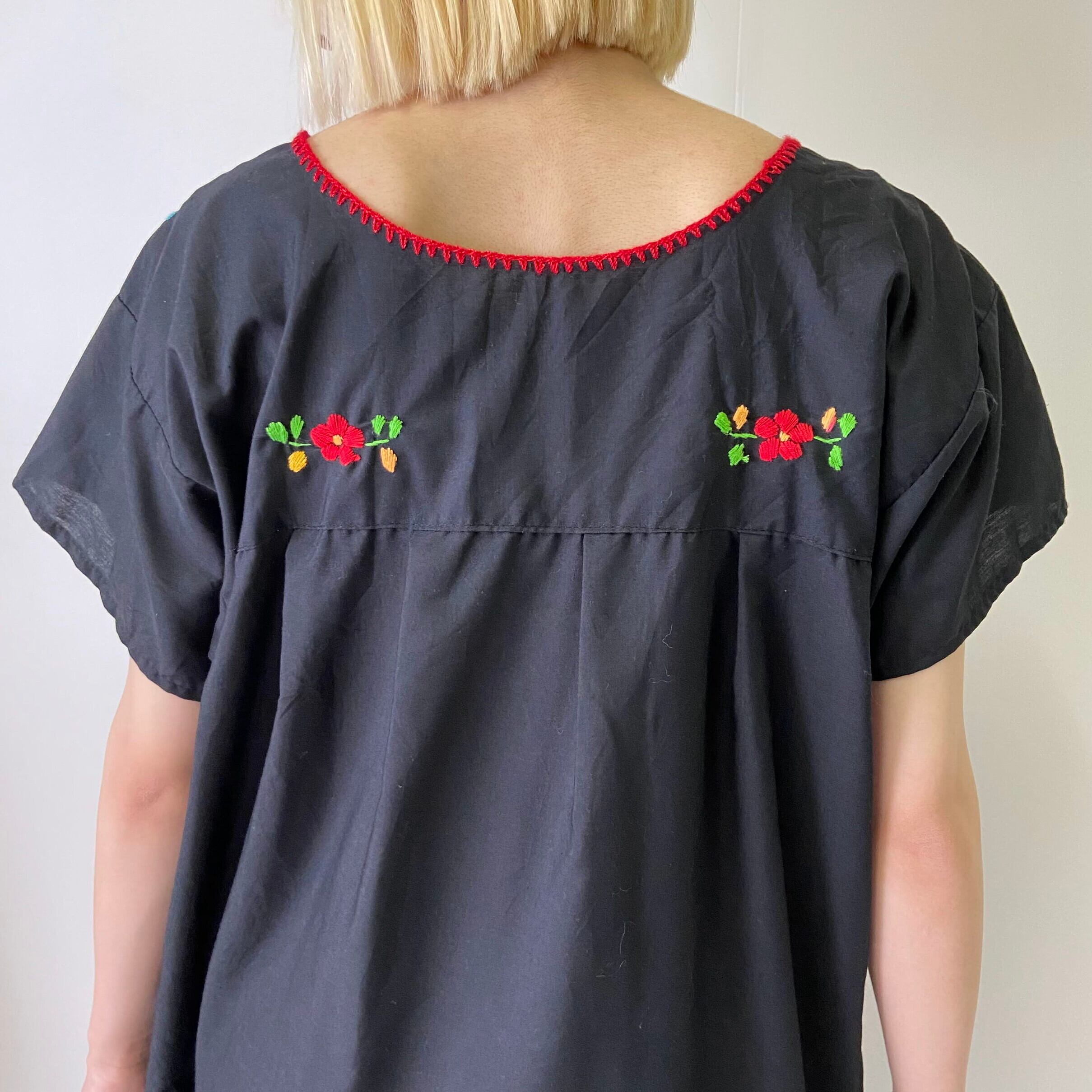 花 刺繍 メキシカンワンピース チュニック レディースM相当 古着