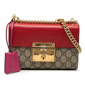 グッチ GGスプリーム パドロック チェーン ショルダーバッグ 409487 レッド ベージュ ピンク PVC レザー レディース GUCCI 【中古】