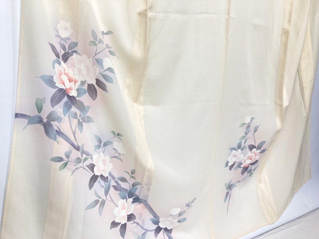 未使用【夏】手描き友禅 山茶花 絽 訪問着 正絹 黄色 クリーム 921  