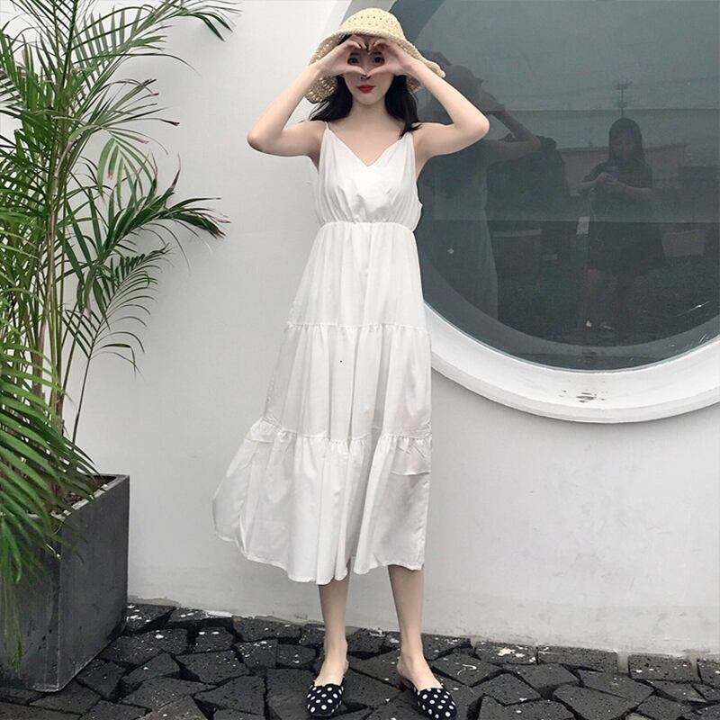 オータムホワイトドレス サマーハイウェストウェストVネックスカート 夏物 秋物 1号婦人63992138269