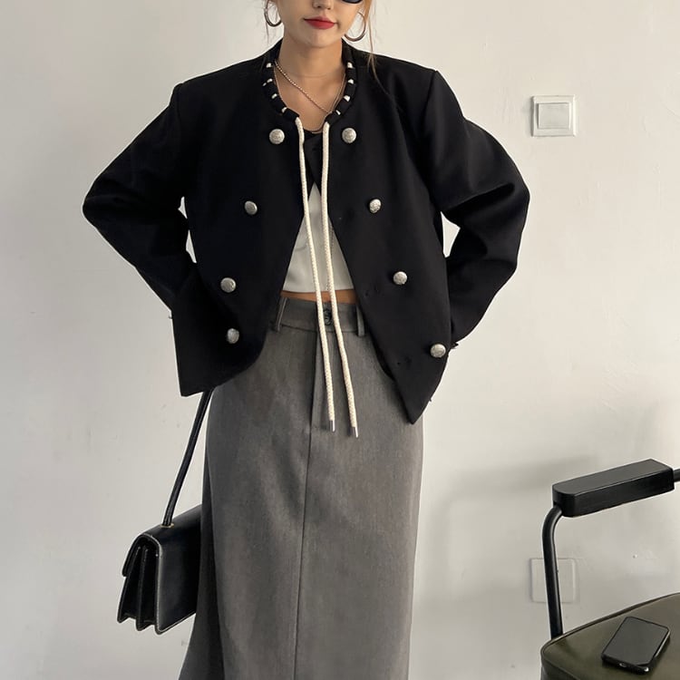 メタルボタン ショート丈ノーカラージャケット R30037
