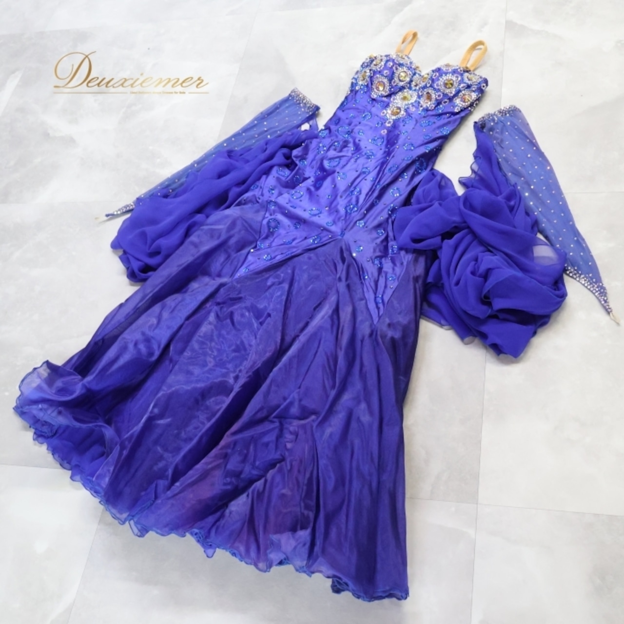 社交ダンス 衣装 スタンダードドレス ワンピース スタンダード 青 光沢 デモ 競技 ダンス 日本製 パーティ 発表会 フロート レース ブルー系 高級感 大人用 おしゃれ パーティードレス 競技会