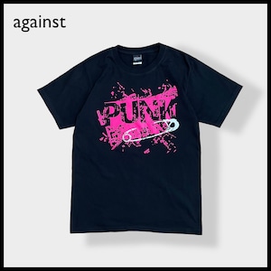 【against】PUNK ロゴ プリントTシャツ バンドTシャツパンク ピンク 黒 バンt ロックt 音楽系 アゲインスト L US古着