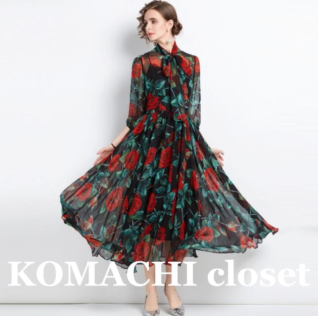 【送料無料】 シフォンワンピース 花柄 ローズ ロングワンピース ぽわん袖 スカーフ シースルー 韓国 レディース オルチャン ハイウエスト エレガント きれいめ こなれ感 ロング丈 花柄ワンピース オトナ女子 大人女子 デート 食事会 ワンピースドレス 長袖 秋 バラ 総柄 個性的 二次会 パーティー 体型カバー Aラインスカート 体型カバー お洒落 オシャレ 30代 40代 ゆる 大人 上品 かっこいい 黒 薄手 フレアスカート ダンス衣装 襟なし 大きいサイズ 2XL 着痩せ ゆったり