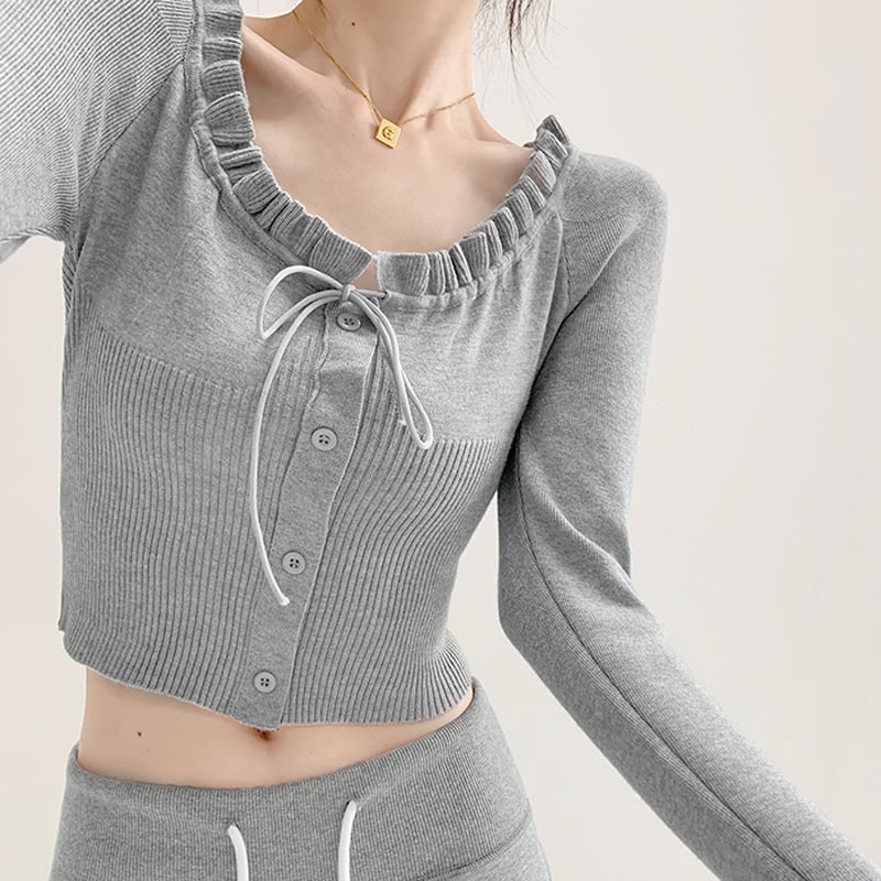 ruffle neck pleated short knit top la1138