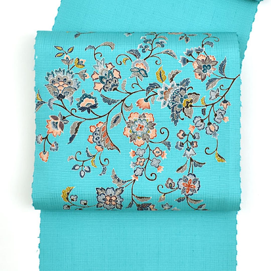 名古屋帯]京の名門 岡重 謹製 岡重更紗 紬地 九寸帯 正絹 日本製(商品