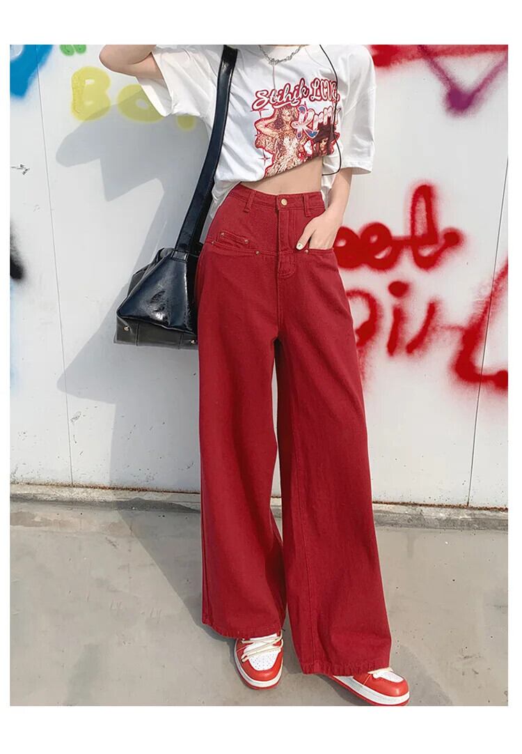 Y2K 赤だぶだぶのジーンズ女性スタイルの基本的な特大ワイドレッグ