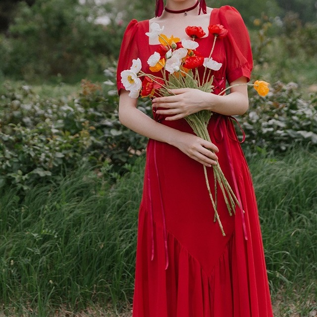 フリル裾 パフスリーブドレス ロング丈ワンピース スクエアネック 半袖 レースアップ レディース フォーマル 結婚式 お呼ばれ ドレス 代 30代 二次会 ワンピース パーティー ドレス R0081 Aeka Clothet Partydress