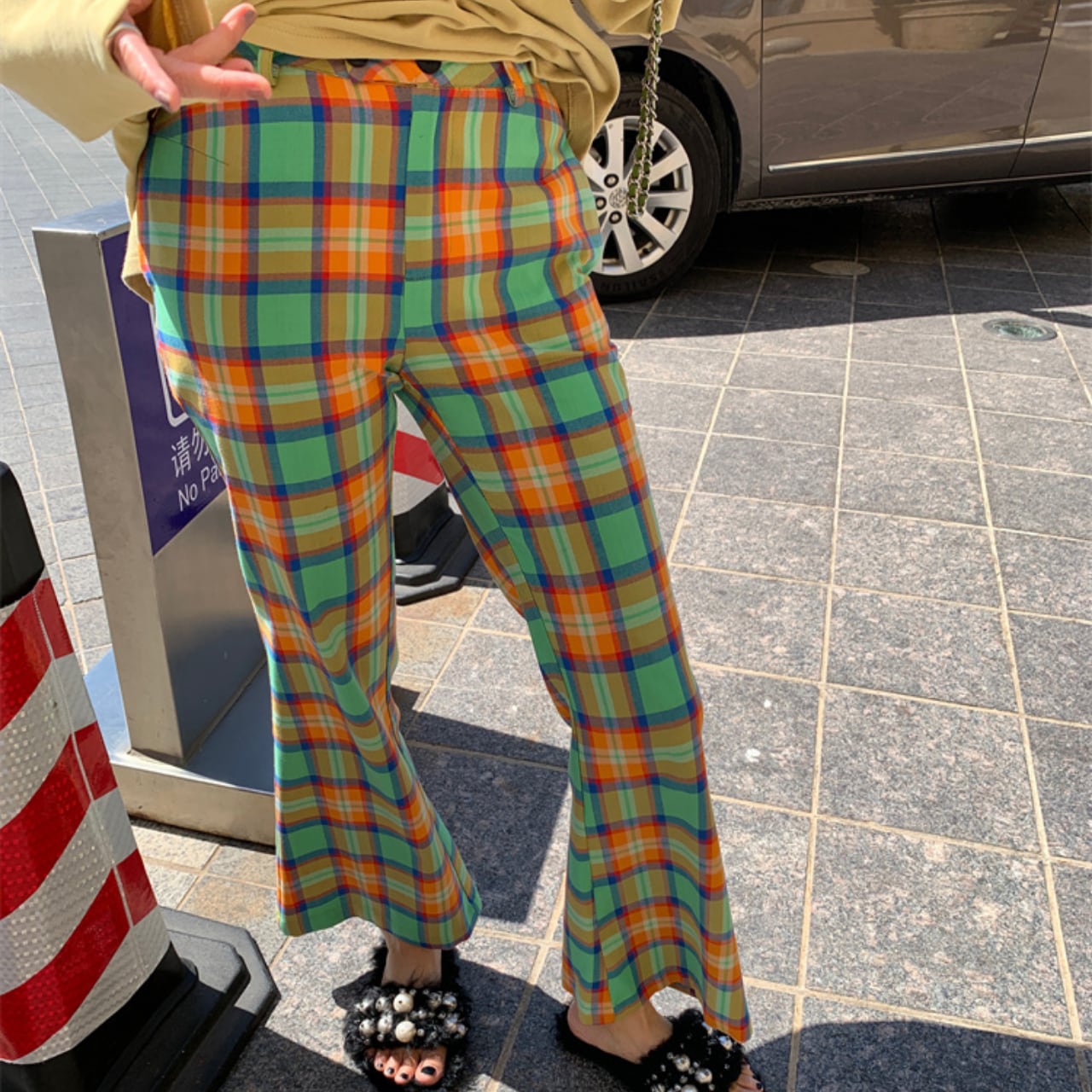 Check pattern high-waisted flared pants 00171