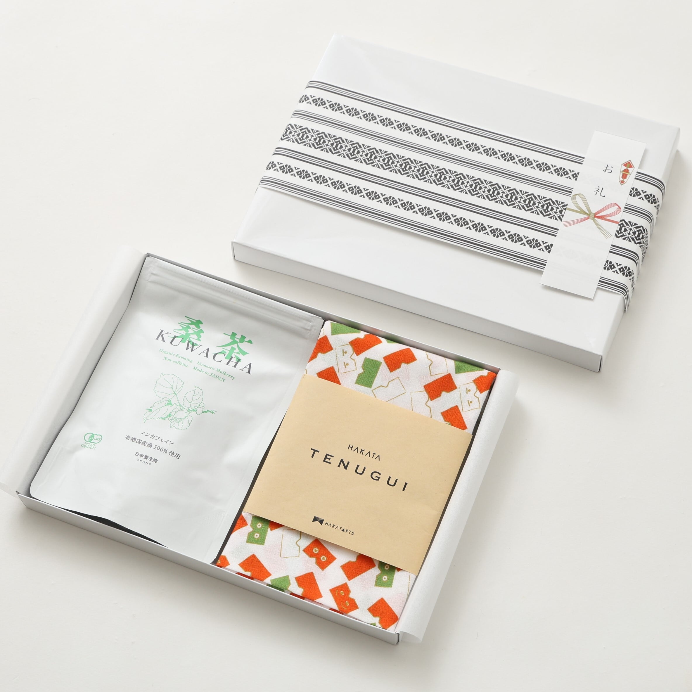 ギフトセット：にわか面 手ぬぐいオレンジ＆桑茶1袋 セット | OKANO